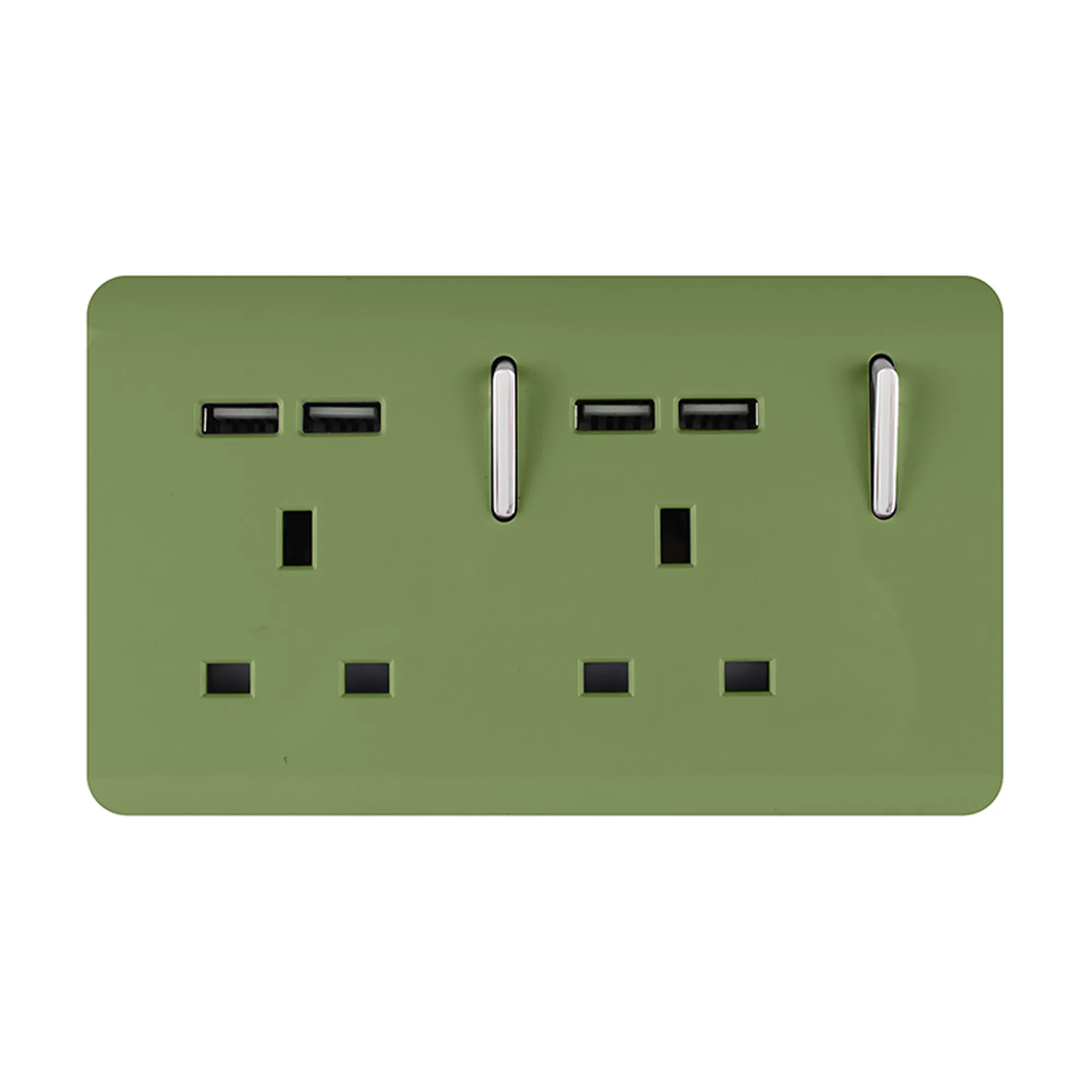 2 Gang 13Amp Switched Double Socket With 4X 2.1Mah USB Moss Green